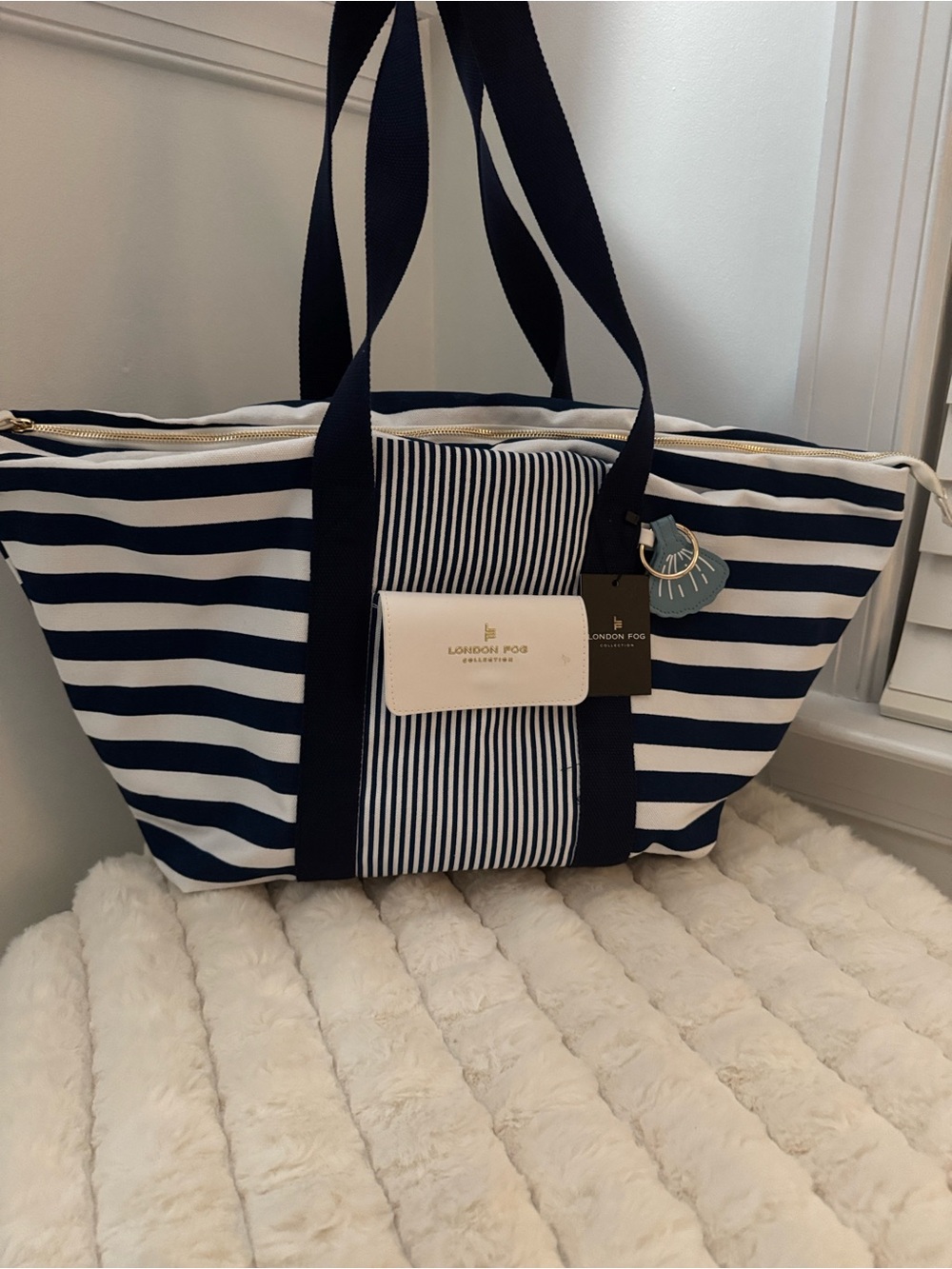 London Fog Navy & White Striped Canvas Tote